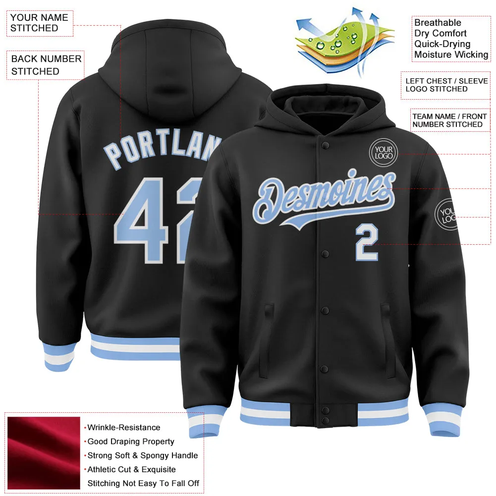 Custom Black Light Blue-White Bomber Full-Snap Varsity Letterman Hoodie Jacket