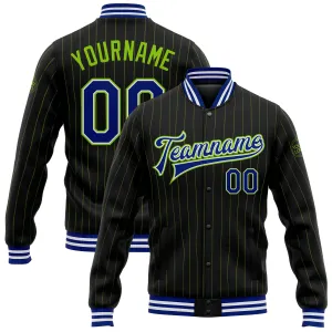 Custom Black Neon Green Pinstripe Royal-White Bomber Full-Snap Varsity Letterman Jacket