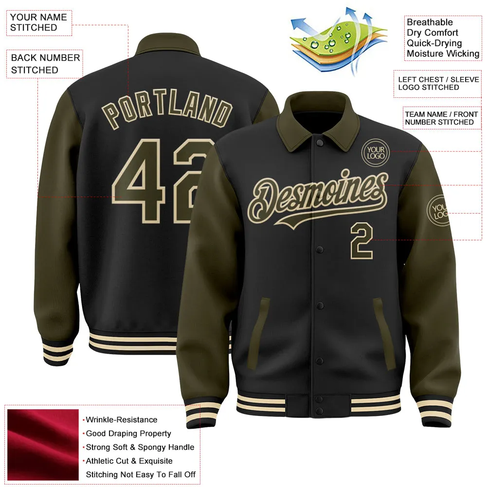 Custom Black Olive-Cream Bomber Full-Snap Varsity Letterman Two Tone Lapel Collar Byron Jacket