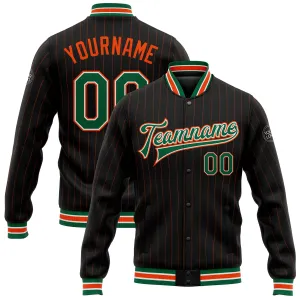 Custom Black Orange Pinstripe Kelly Green-White Bomber Full-Snap Varsity Letterman Jacket