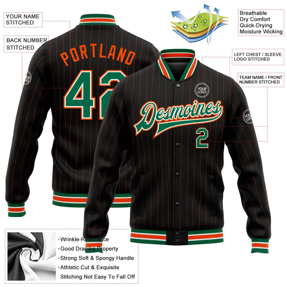 Custom Black Orange Pinstripe Kelly Green-White Bomber Full-Snap Varsity Letterman Jacket