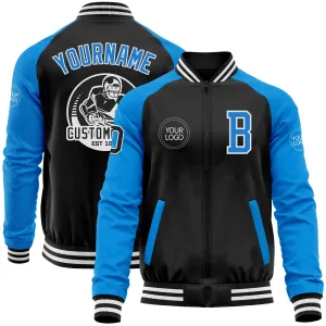 Custom Black Powder Blue-White Bomber Varsity Letterman Two Tone Zipper Jacket