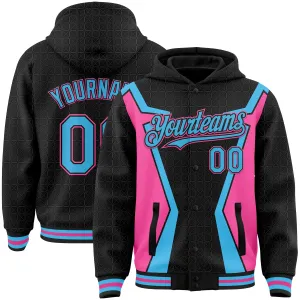 Custom Black Sky Blue-Pink Arrow 3D Pattern Design Bomber Full-Snap Varsity Letterman Hoodie Jacket