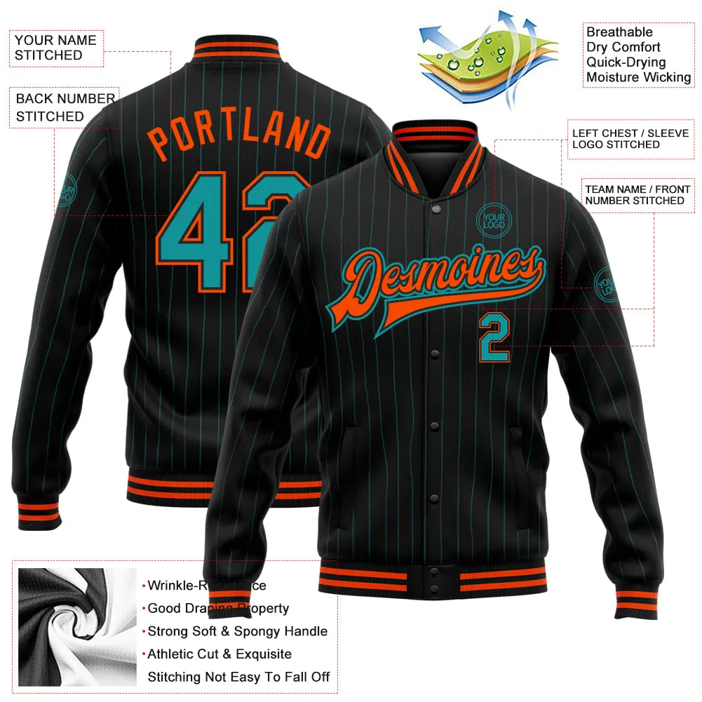 Custom Black Teal Pinstripe Orange Bomber Full-Snap Varsity Letterman Jacket