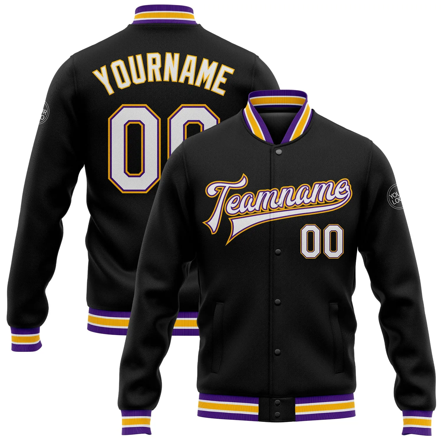 Custom Black White Purple-Gold Bomber Full-Snap Varsity Letterman Jacket