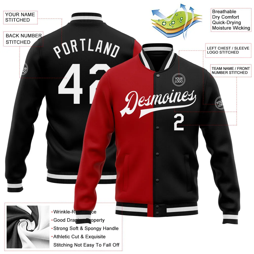 Custom Black White-Red Bomber Full-Snap Varsity Letterman Split Fashion Jacket