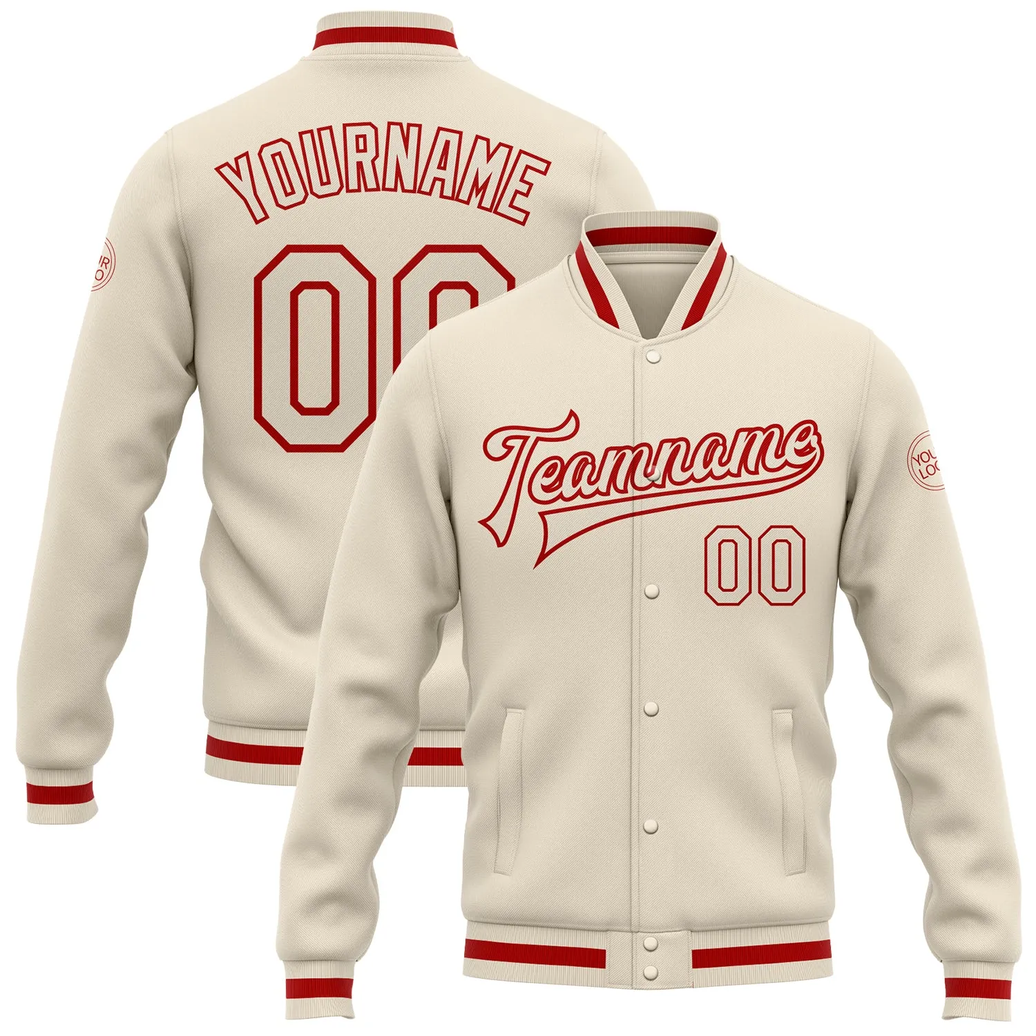 Custom Cream Cream-Red Bomber Full-Snap Varsity Letterman Jacket