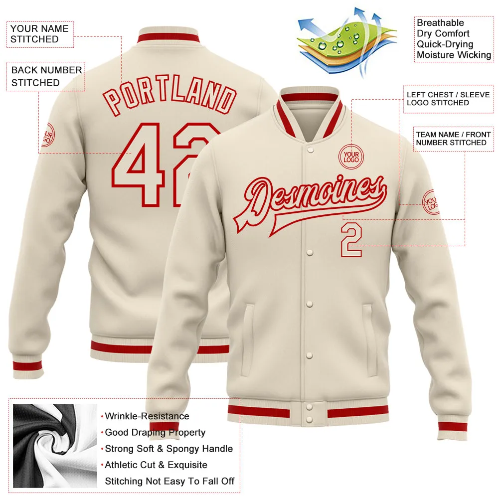 Custom Cream Cream-Red Bomber Full-Snap Varsity Letterman Jacket