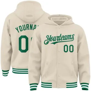 Custom Cream Kelly Green-White Bomber Full-Snap Varsity Letterman Hoodie Jacket