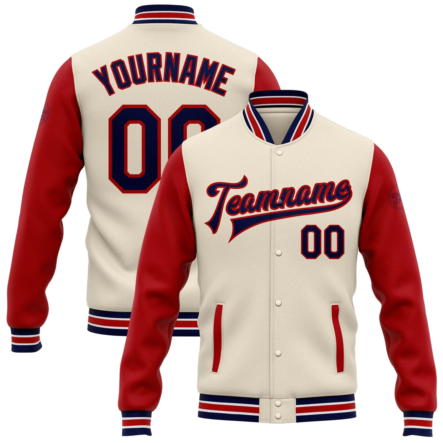 Custom Cream Navy-Red Bomber Full-Snap Varsity Letterman Two Tone Jacket