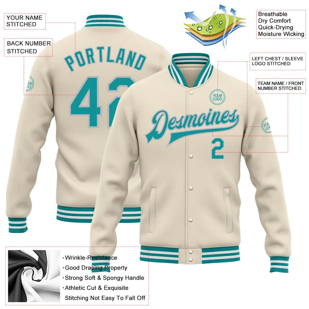 Custom Cream Teal-Gray Bomber Full-Snap Varsity Letterman Jacket