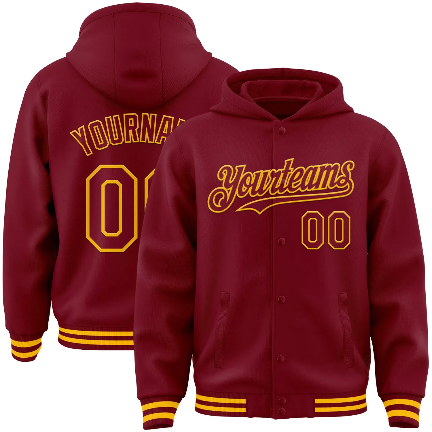 Custom Crimson Gold Bomber Full-Snap Varsity Letterman Hoodie Jacket