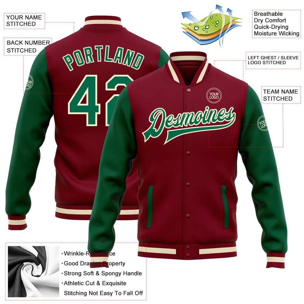 Custom Crimson Kelly Green-Cream Bomber Full-Snap Varsity Letterman Two Tone Jacket