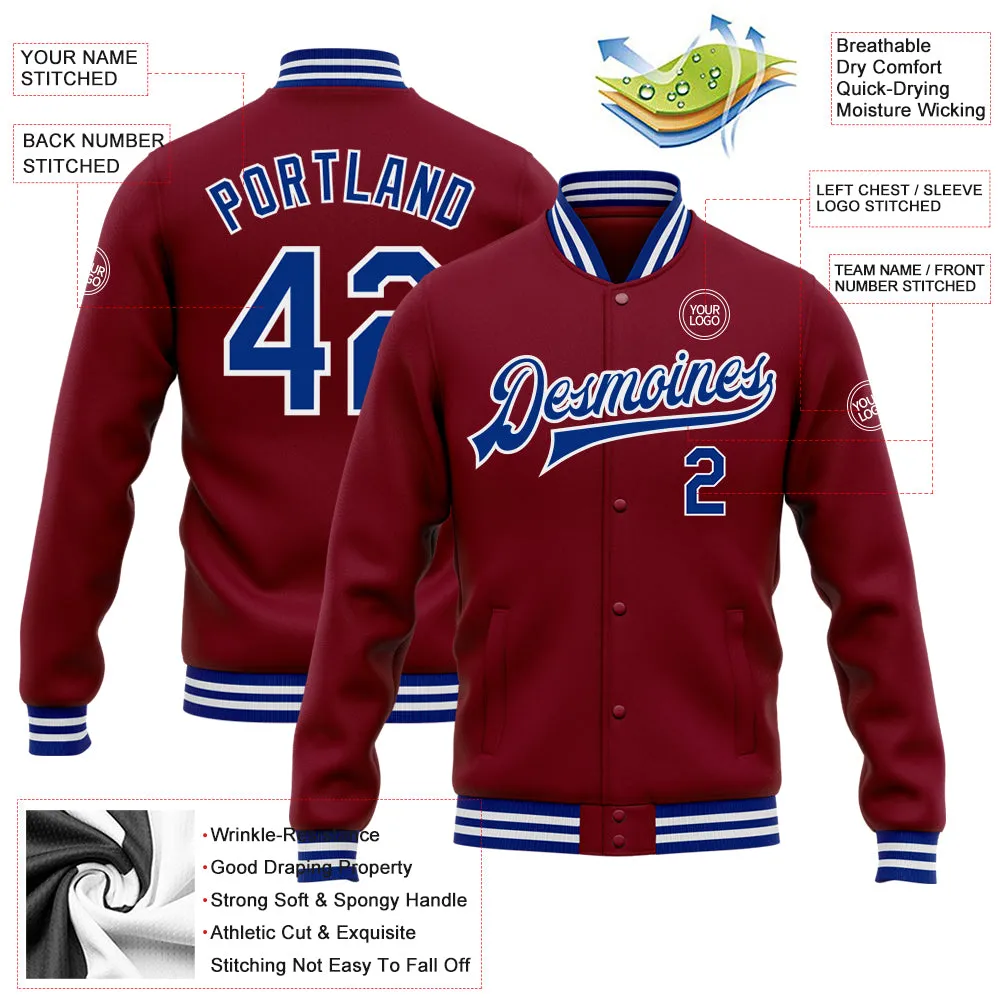 Custom Crimson Royal-White Bomber Full-Snap Varsity Letterman Jacket