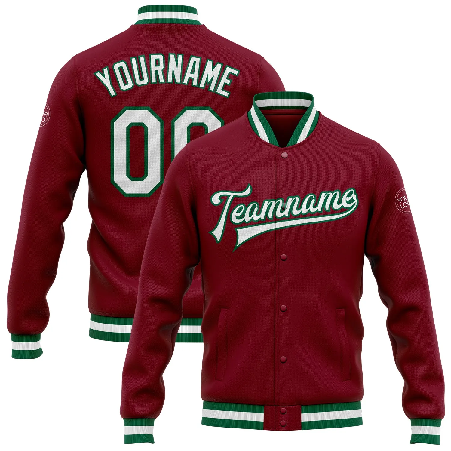 Custom Crimson White-Kelly Green Bomber Full-Snap Varsity Letterman Jacket