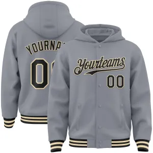 Custom Gray Black-Cream Bomber Full-Snap Varsity Letterman Hoodie Jacket