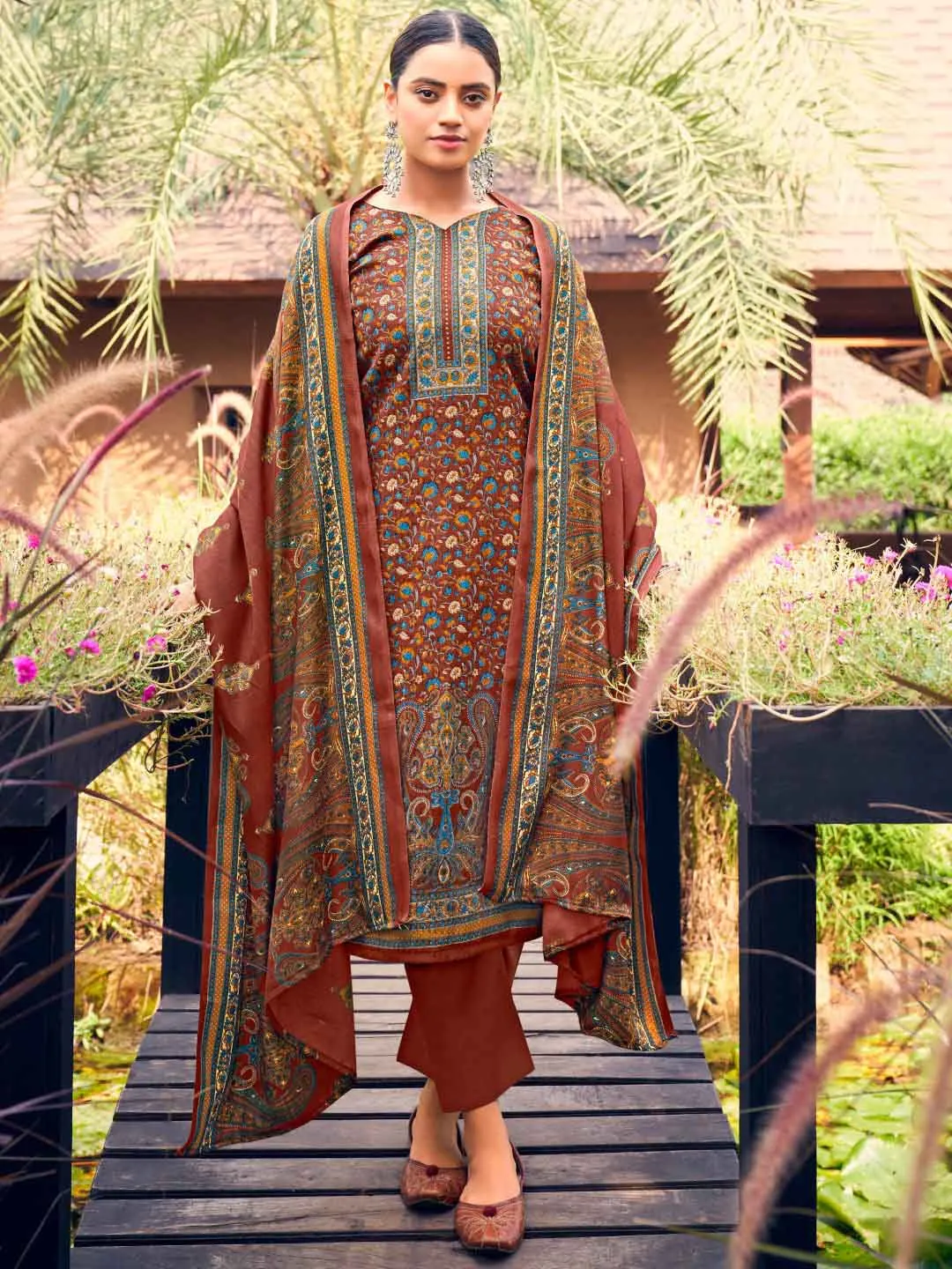 Dark Brown Printed Pashmina Unstitched Winter Suit Set