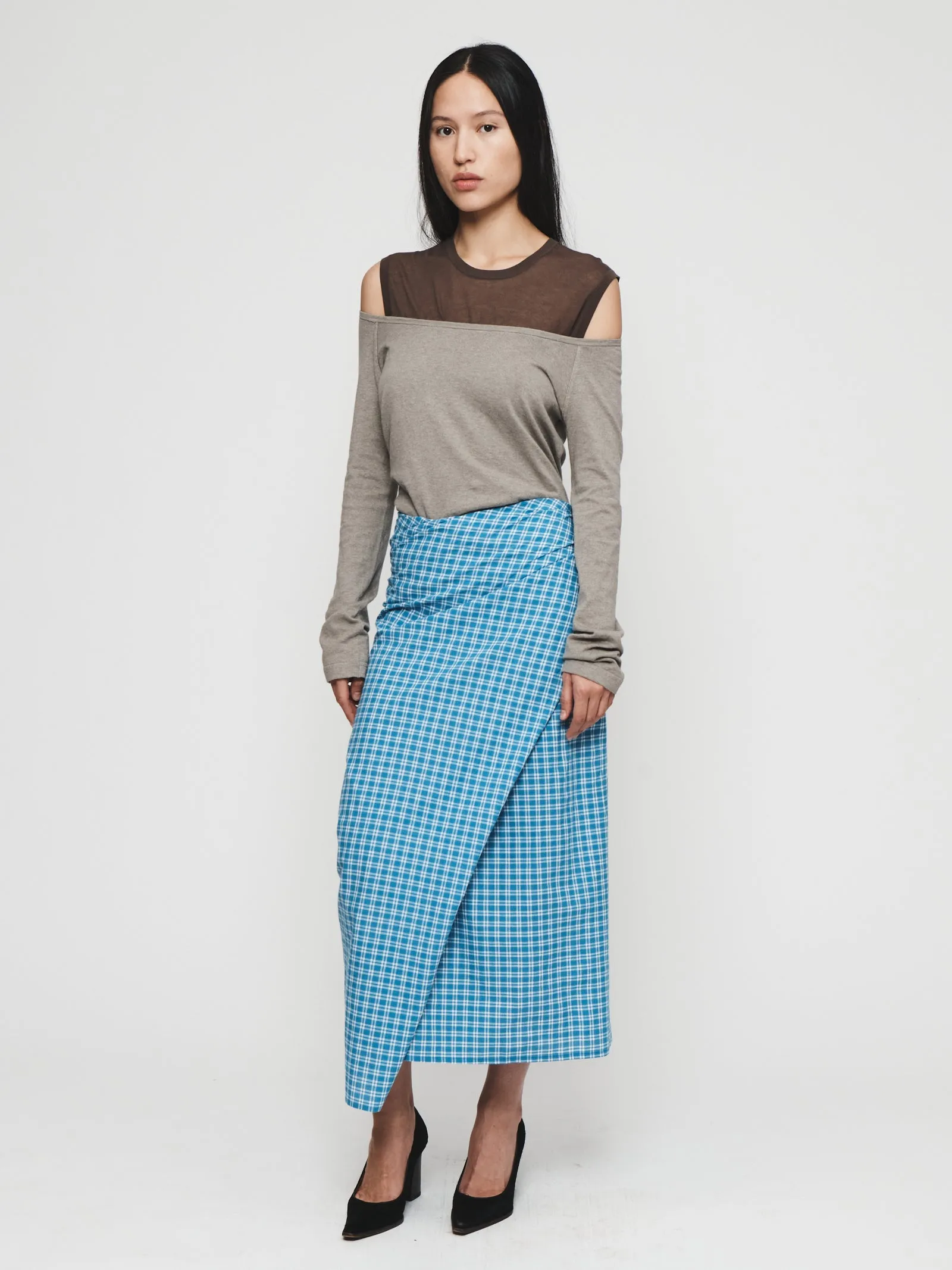 Draped Wrap Skirt in Blue Plaid