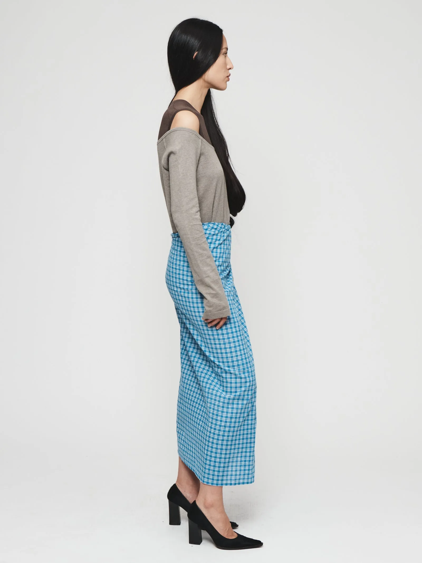 Draped Wrap Skirt in Blue Plaid