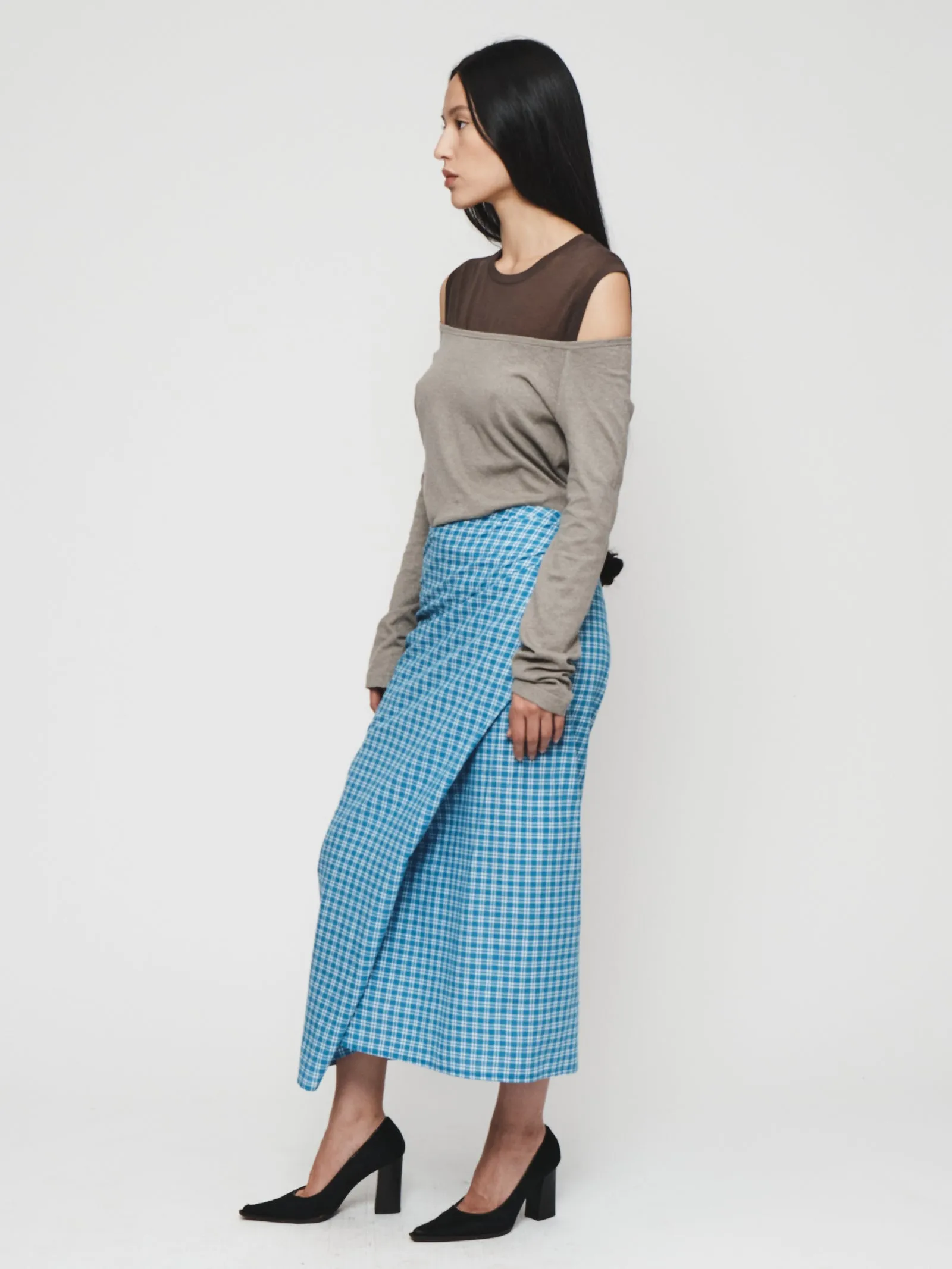 Draped Wrap Skirt in Blue Plaid