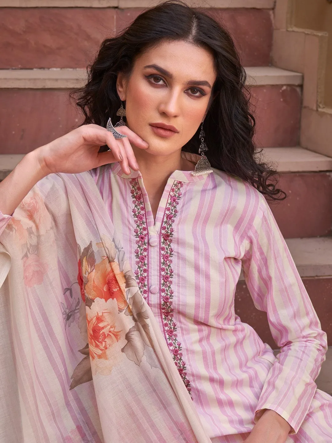 Embroidered Pink Cotton Un-Stitched Suit for Ladies