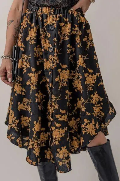 Floral Buttoned Ruffle Hem Skirt: Effortless Style & Elegance