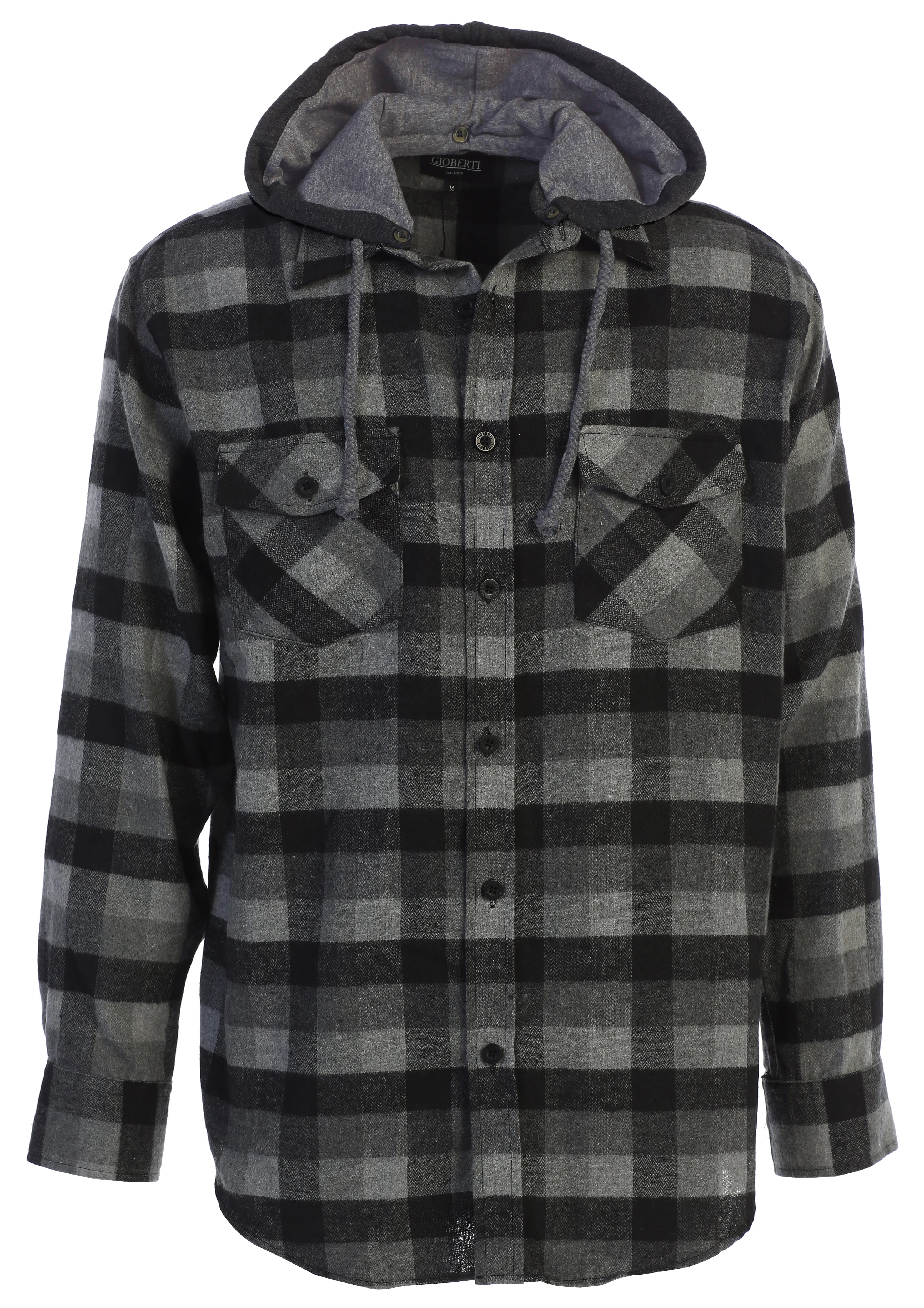 Gioberti Men's Black / Charcoal / Gray Removable Hoodie Plaid Checkered Flannel Button Down Shirt