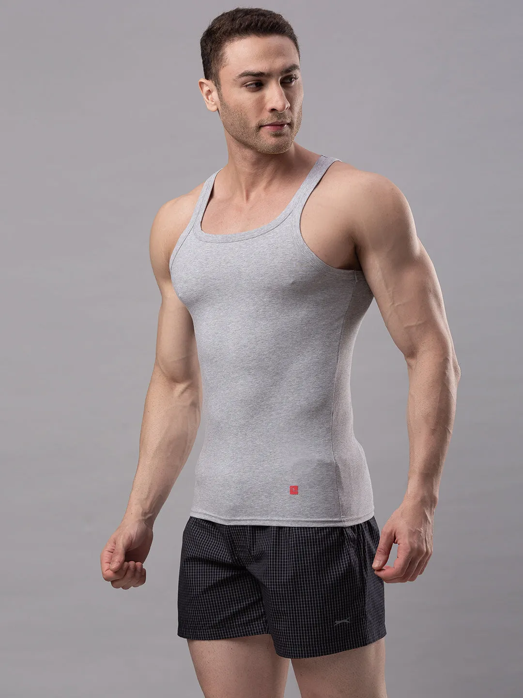 Grey Cotton Lycra Vest (Square Neck)- Underjeans By Spykar