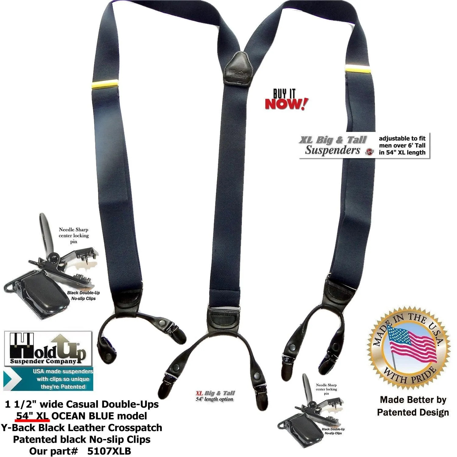 Holdup Brand Dark Ocean Blue Dual Clip XL Double-Ups style with patented black No-slip Clips