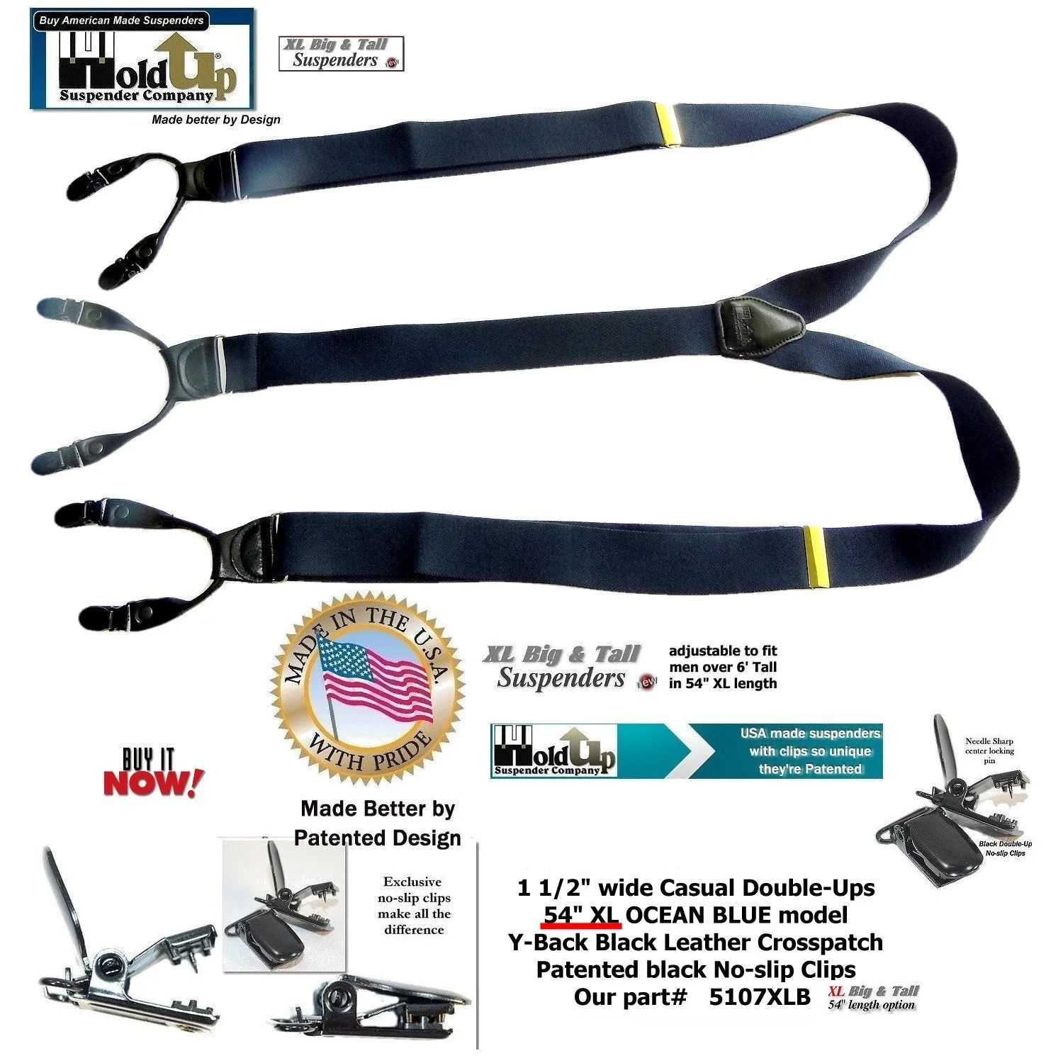 Holdup Brand Dark Ocean Blue Dual Clip XL Double-Ups style with patented black No-slip Clips