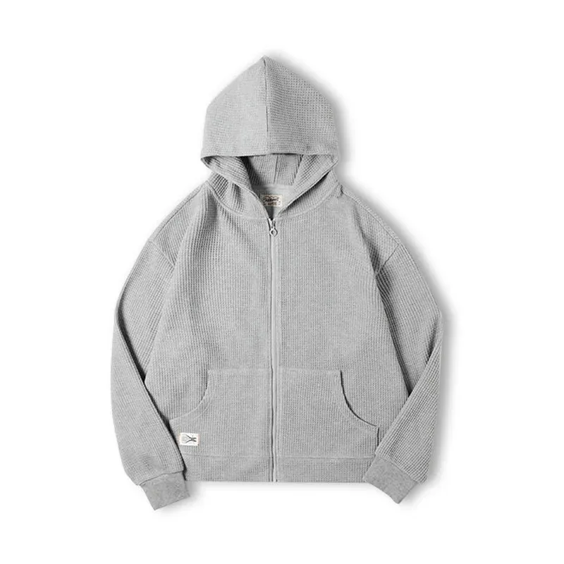 Japanese Vintage Gray Waffle Hoodies for Men - Essential Hooded Sweatshirts - Amekaji Style