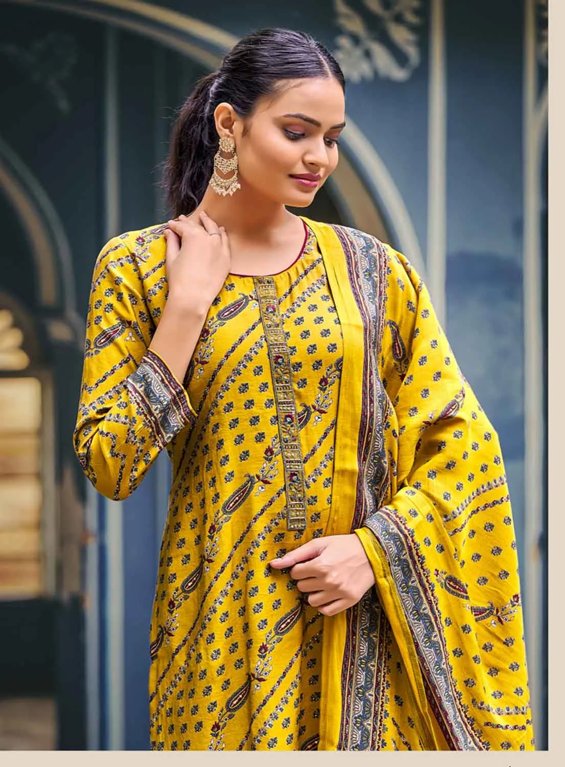 Kilory Party Wear Muslin Yellow Unstitched Women Suit Dress Material