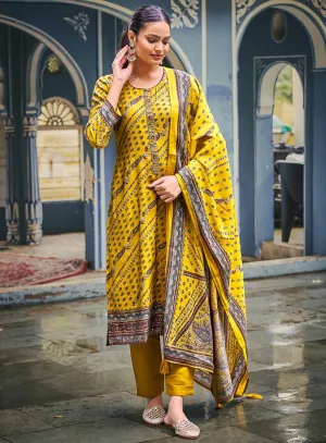 Kilory Party Wear Muslin Yellow Unstitched Women Suit Dress Material