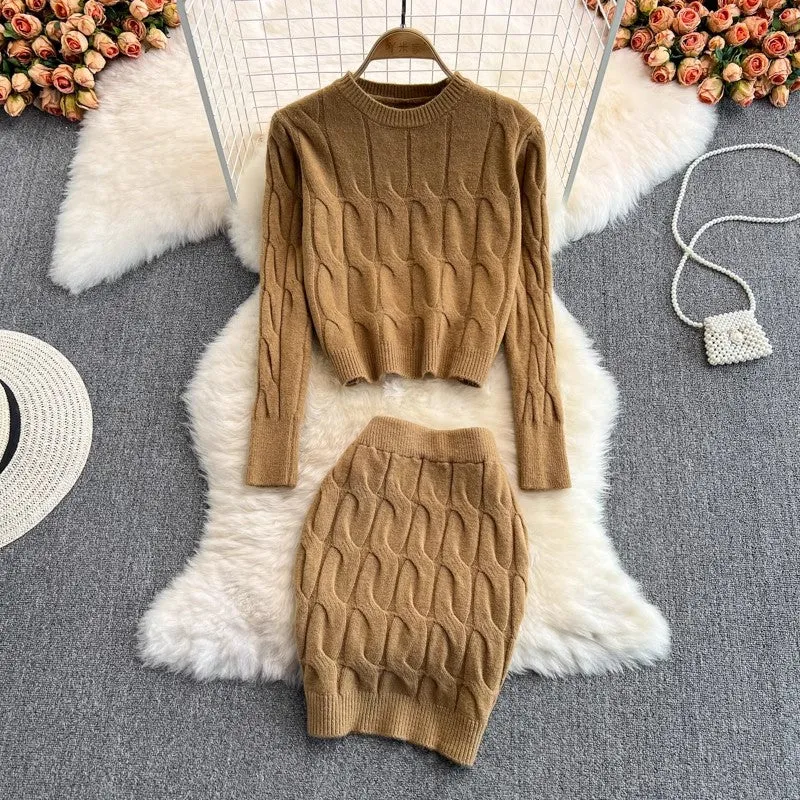 Knitted fashion suit for women round neck long-sleeved sweater two-piece set      S4118