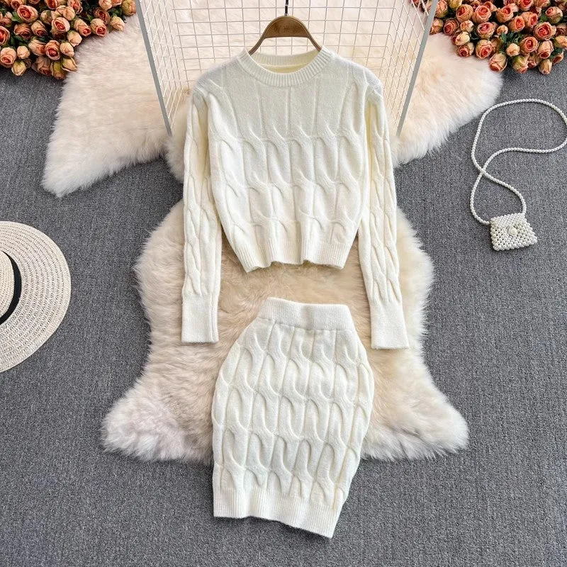 Knitted fashion suit for women round neck long-sleeved sweater two-piece set      S4118