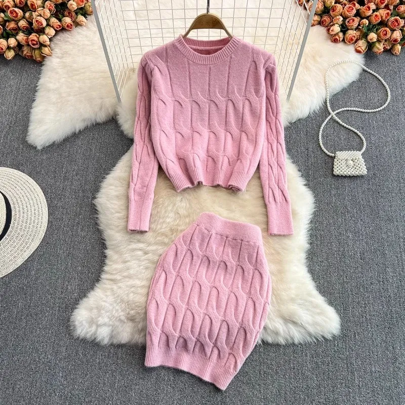 Knitted fashion suit for women round neck long-sleeved sweater two-piece set      S4118