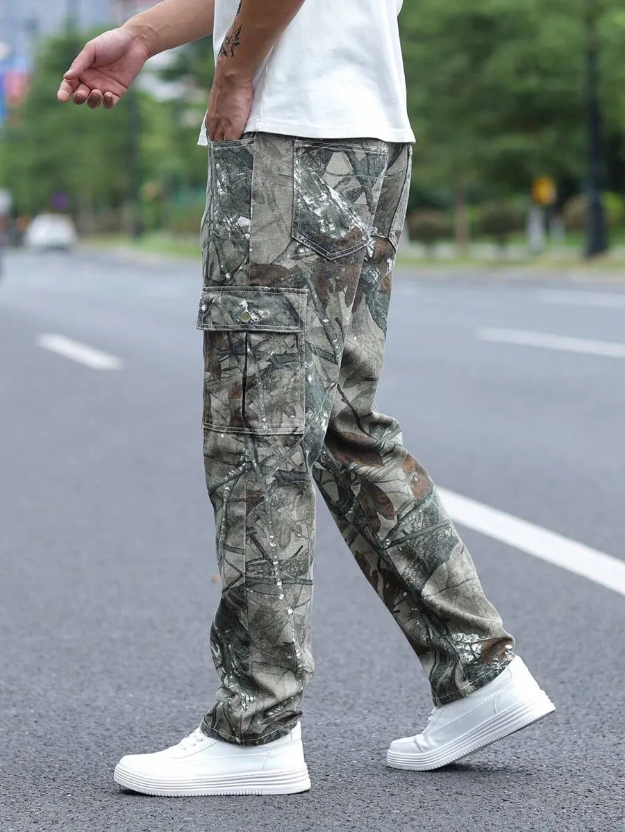 LEGND Men Allover Print Zipper Fly Cargo Jeans