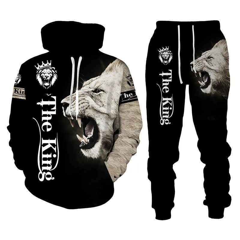 Lion Print Men Hooded Sweatshirt Set