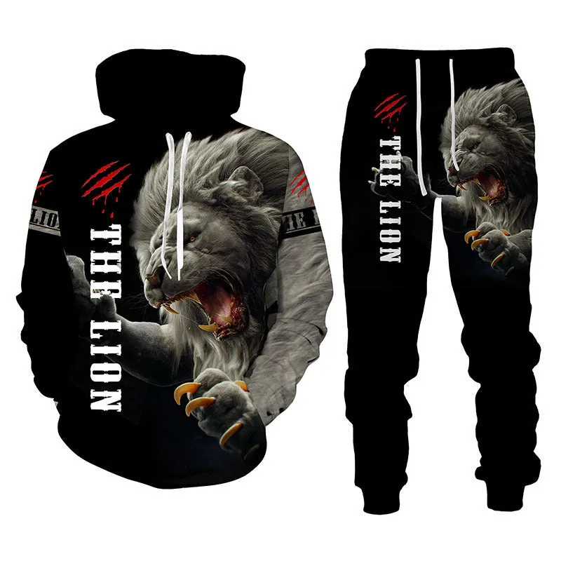 Lion Print Men Hooded Sweatshirt Set