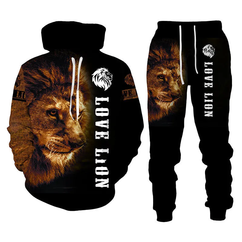 Lion Print Men Hooded Sweatshirt Set