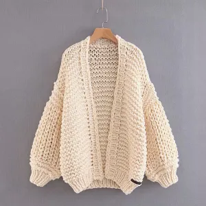 Loose Long Bishop Sleeves Women Hand Knit Chunky Sweater    S3045