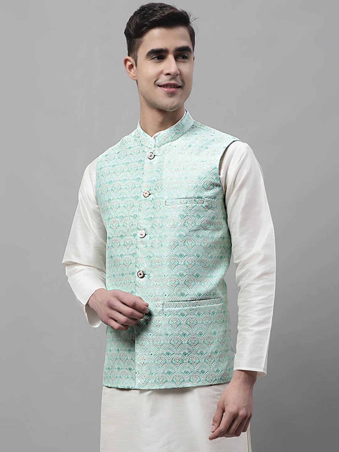 Men Sky Blue And White Woven Design Waistcoats