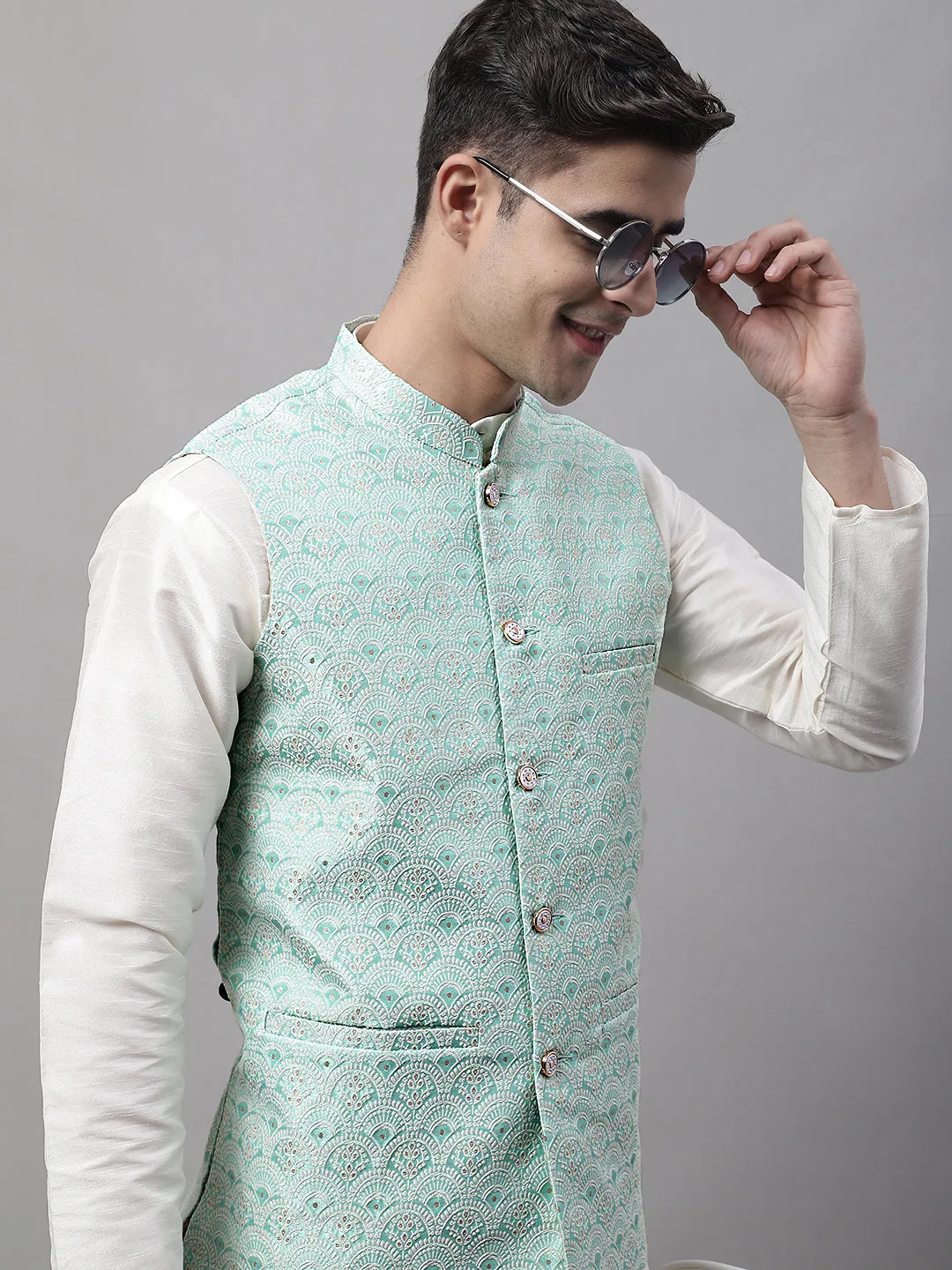 Men Sky Blue And White Woven Design Waistcoats