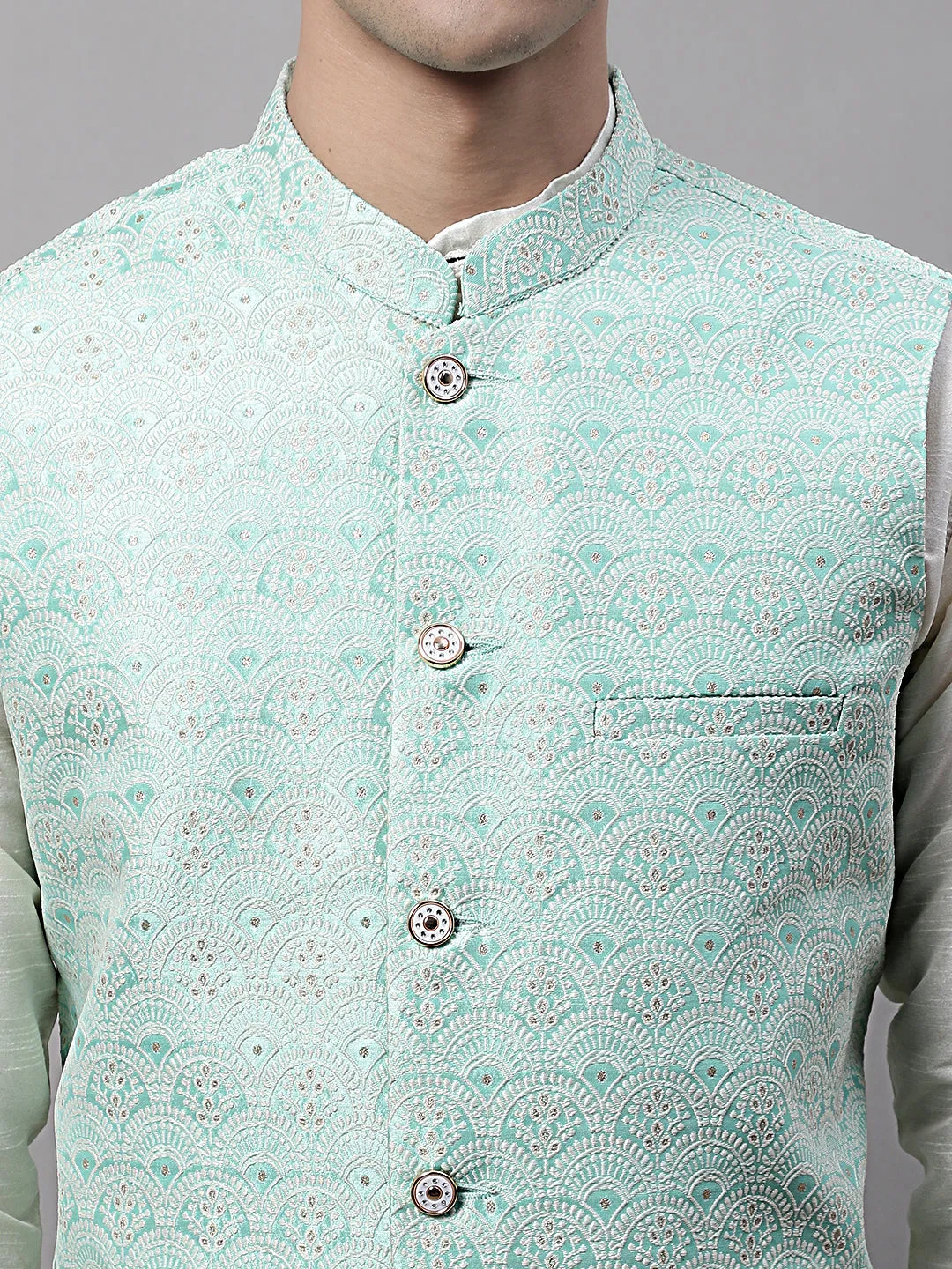 Men Sky Blue And White Woven Design Waistcoats