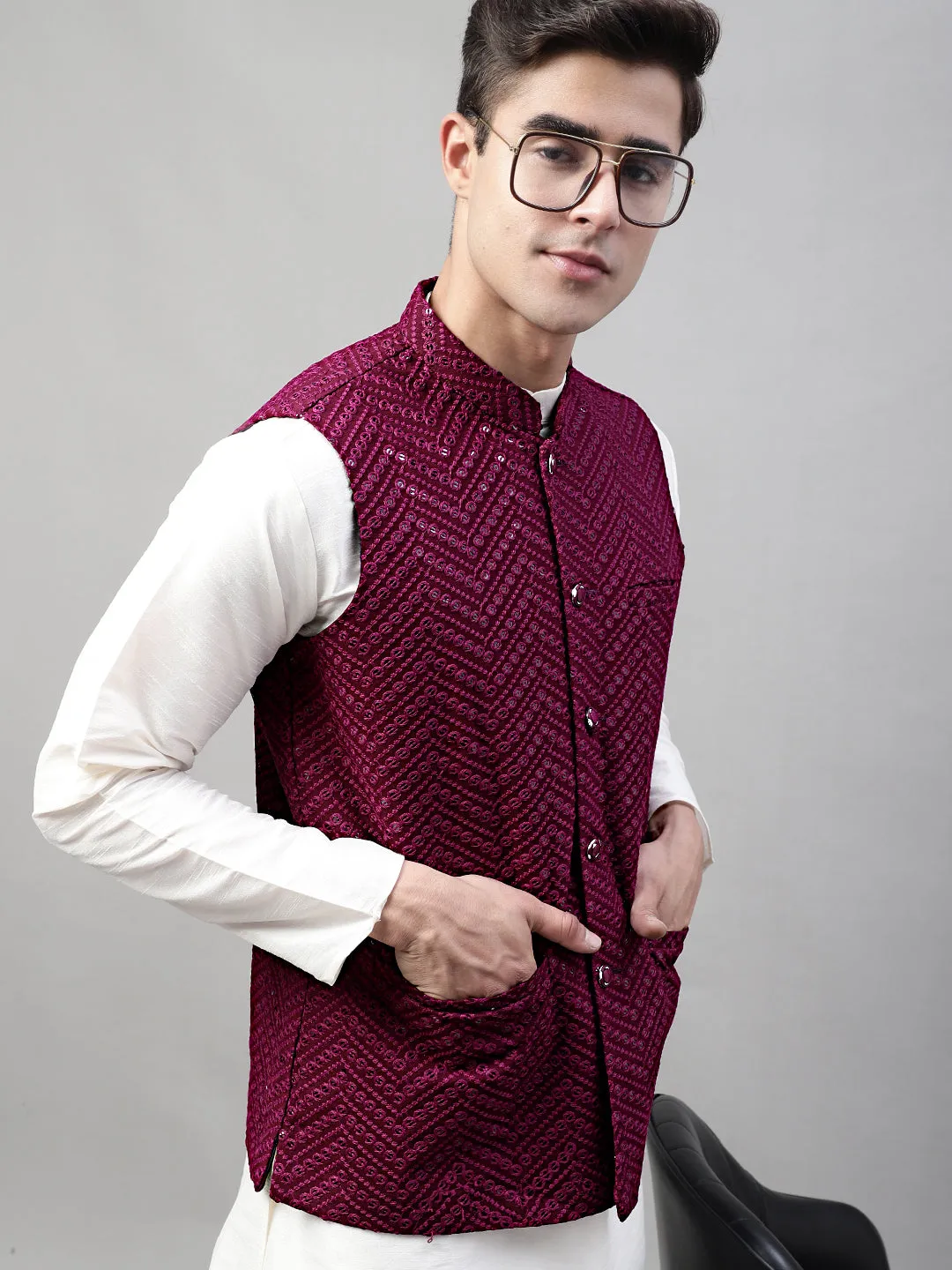 Men White Solid Kurta Pyjama with  Purple Embroidered Nehru Jacket