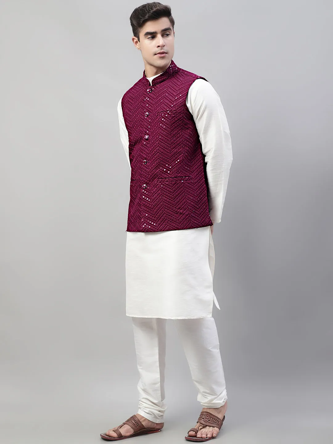 Men White Solid Kurta Pyjama with  Purple Embroidered Nehru Jacket