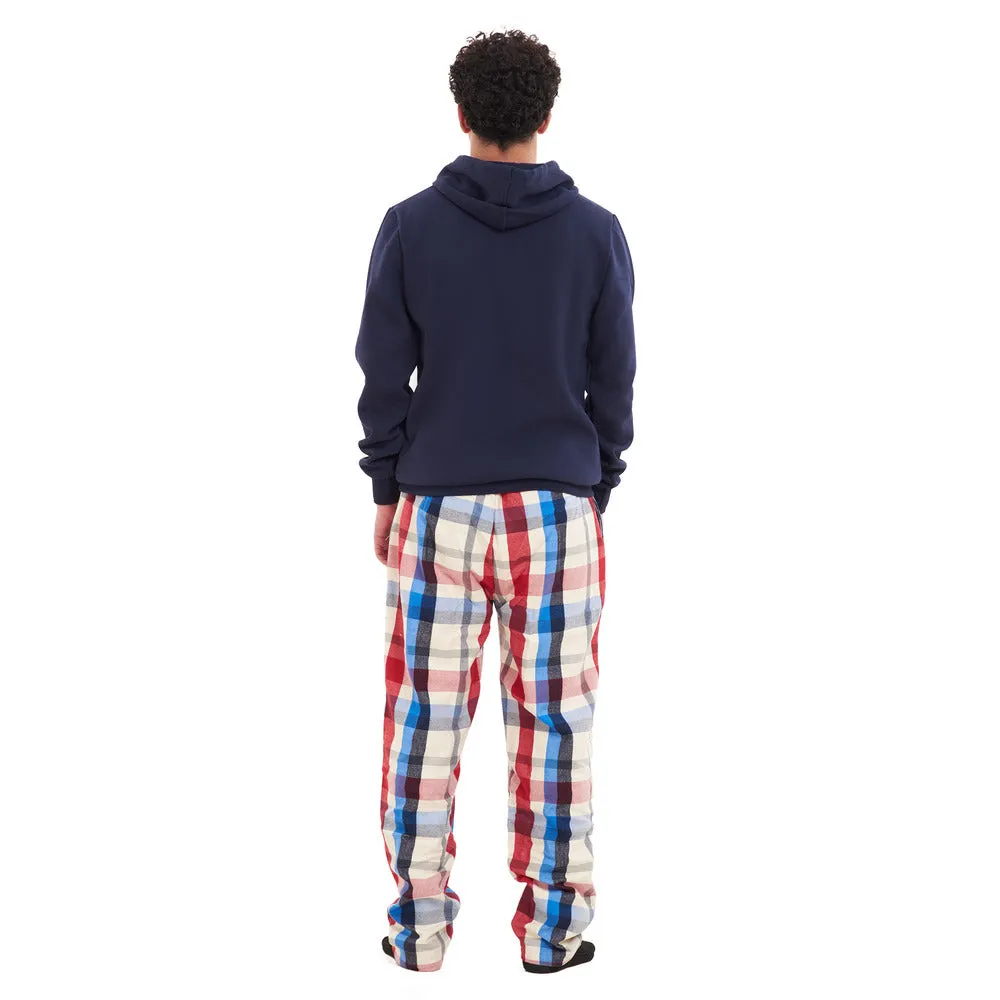 Men Winter Pajama Set Dark Blue Hoodie   Red x White Checkered Pants