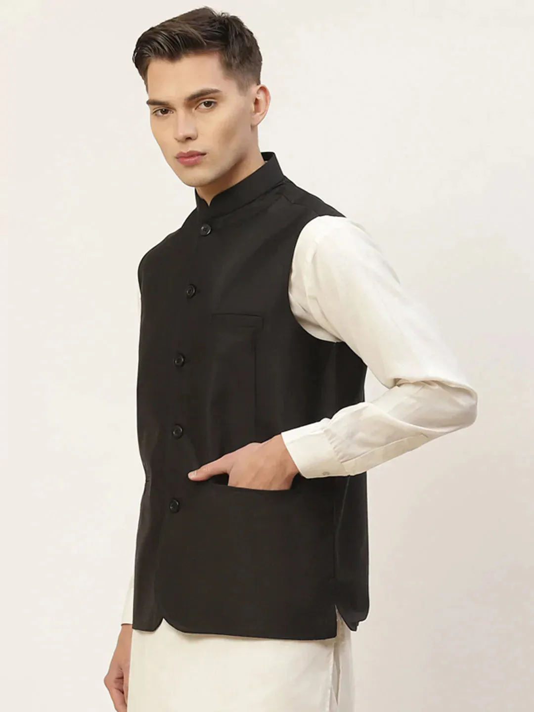 Men'S Black Solid Nehru Jacket