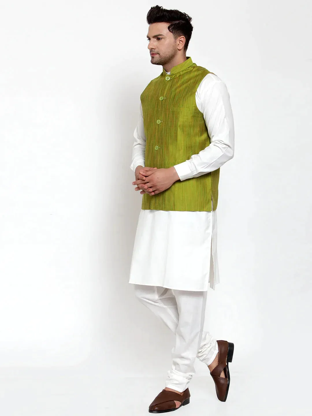 Men'S Green Woven Design Nehru Jacket