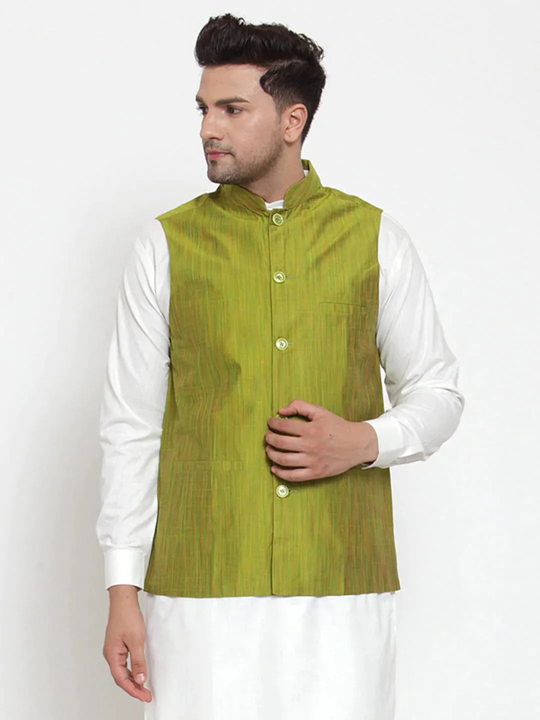 Men'S Green Woven Design Nehru Jacket